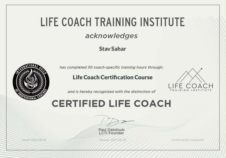 Stav Sahar Certified Life Coach Certificate